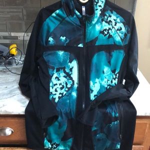 Fabletics warm up track fitted jacket green/black zipper large